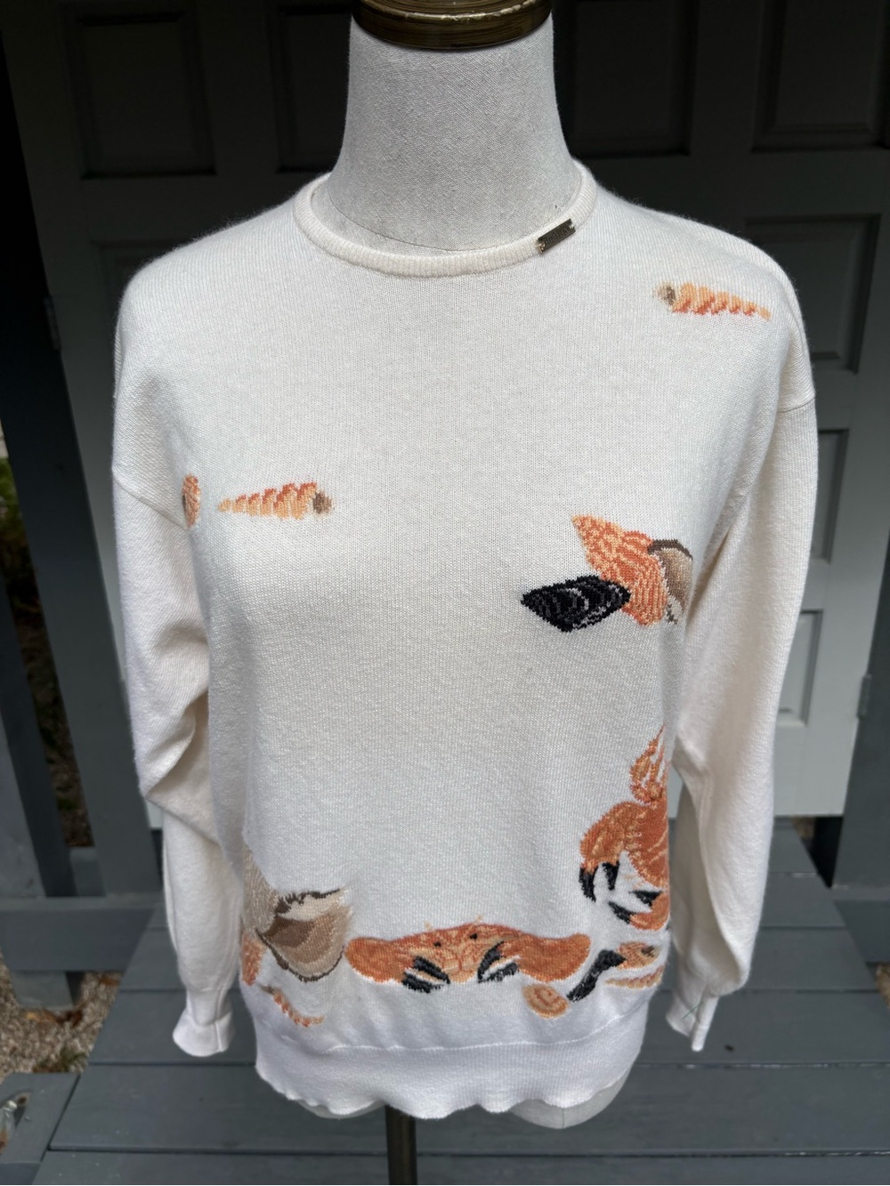 Ballantyne Crab 🦀 Embroidered Cashmere Crewneck Cream Color Sweater